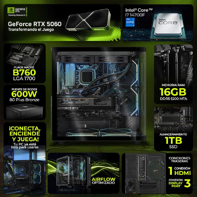 Pc gamer dxt rtx 5060 core i7 16gb ddr5 ssd 1tb monitor 27