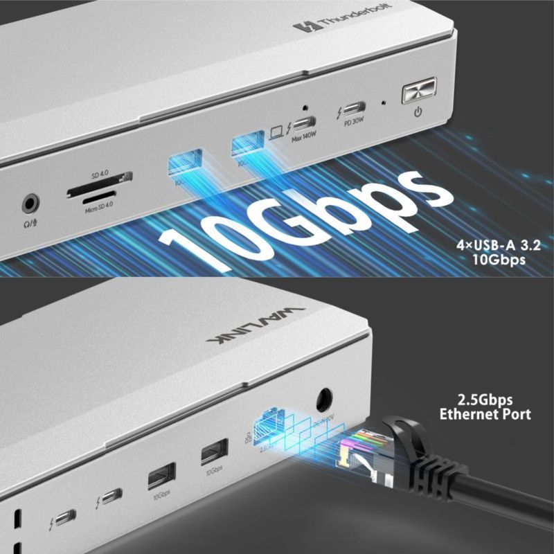 Estación de acoplamiento WAVLINK Thunderbolt 5 de 140 W con pantalla 8K
