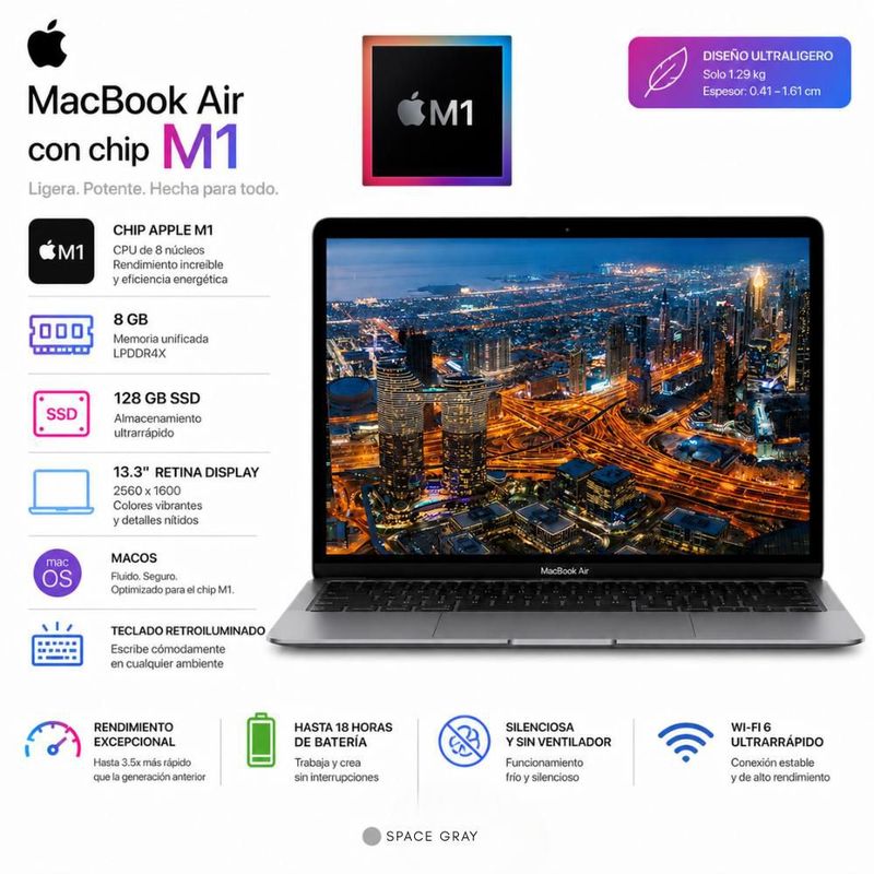 Apple MacBook Air M1 8GB RAM 128GB SSD 13.3" Retina macOS Gris Espacial Reacondicionado