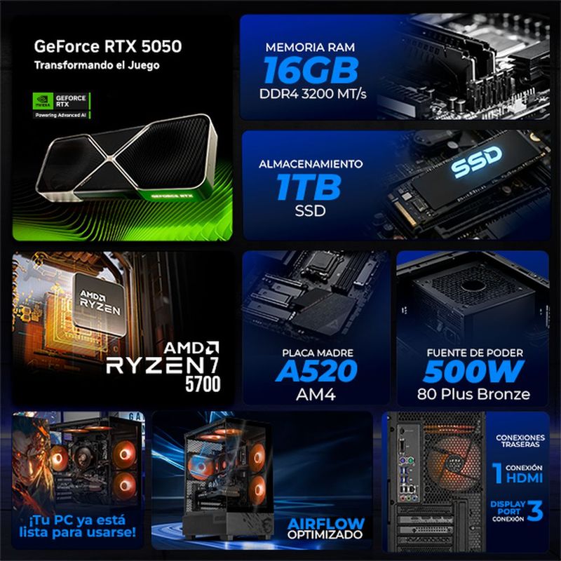 Xtreme pc rtx 5050 ryzen 7 16gb ssd 1tb wifi monitor 23.8 bk