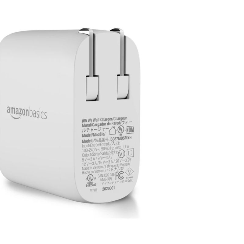 Cargador de pared Amazon Basics 65W GaN USB-C PD 3.0 Blanco