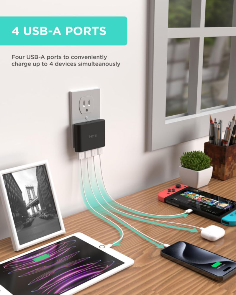 Cargador de pared USB iHome Slim AC Pro multipuerto de 4 puertos