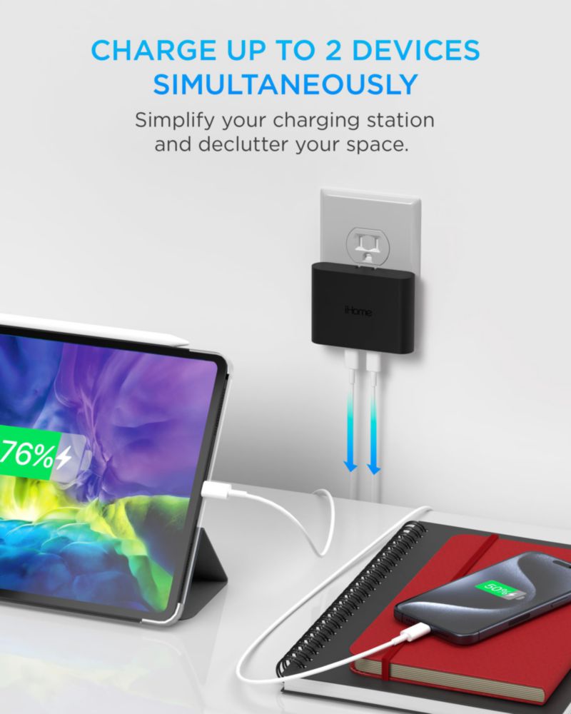 Cargador iHome Multiport 36W USB-C AC Pro de 2 puertos plano