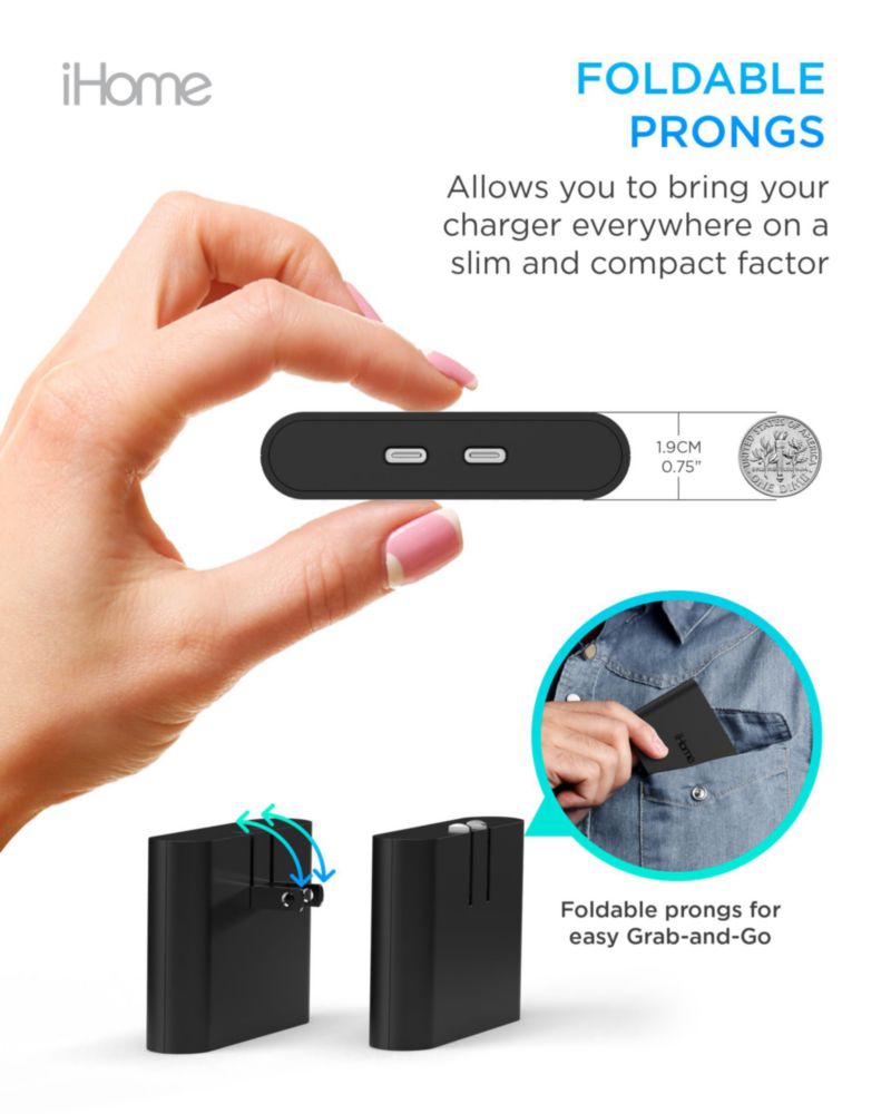 Cargador iHome Multiport 36W USB-C AC Pro de 2 puertos plano