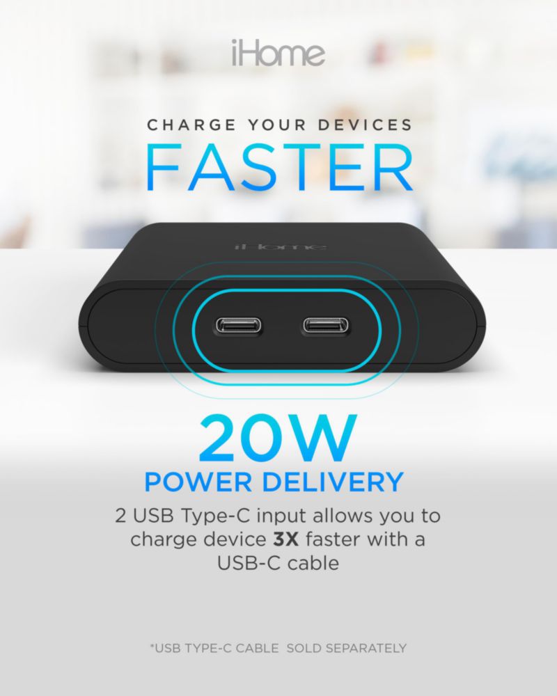Cargador iHome Multiport 36W USB-C AC Pro de 2 puertos plano