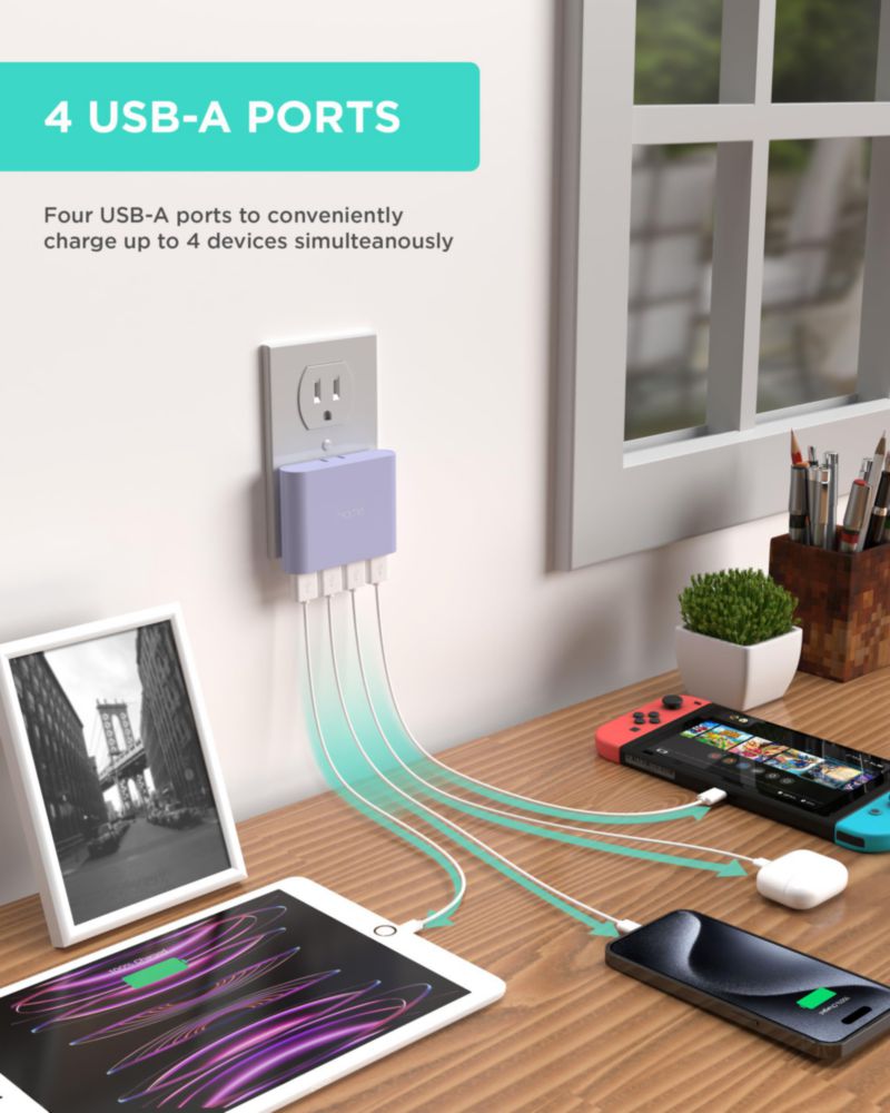 Adaptador de carga iHome Slim Cargador de pared USB de 4 puertos