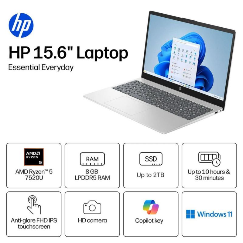 Laptop HP 156" FHD táctil Ryzen 5 8 GB 256 GB SSD