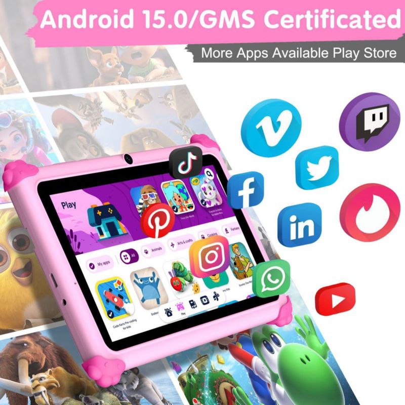 Tablet infantil ascrecem de 7" Android 15 6 GB de RAM 32 GB de almacenamiento color rosa