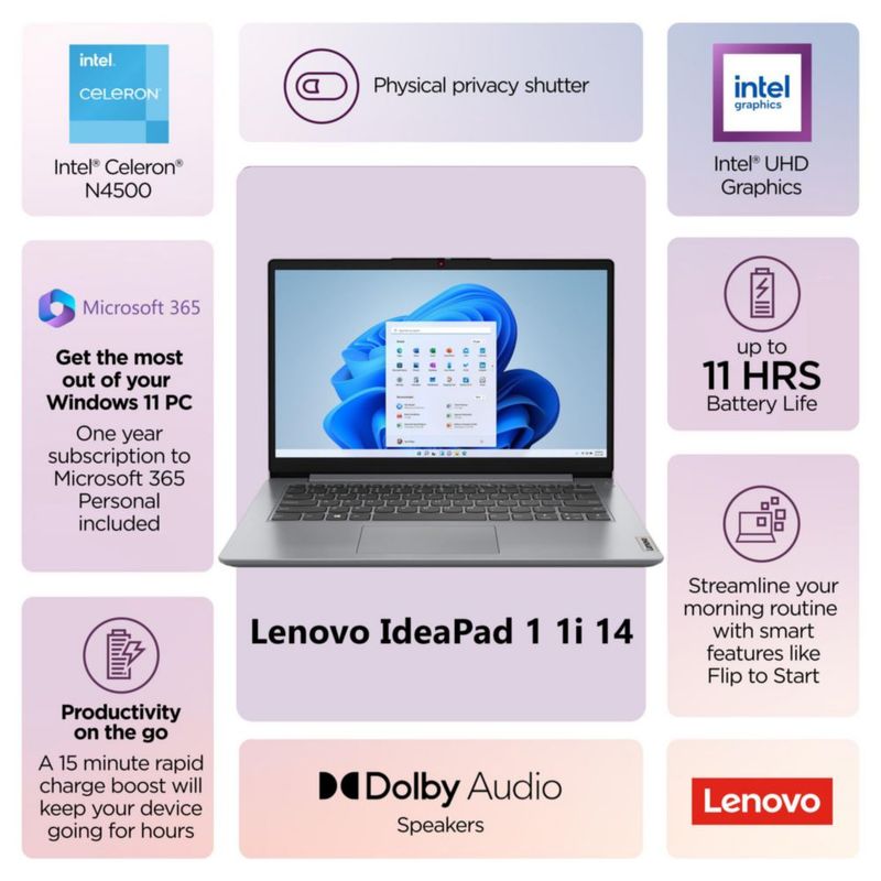 Laptop Lenovo 14" 8GB RAM 128GB Intel Dual Core WiFi 6