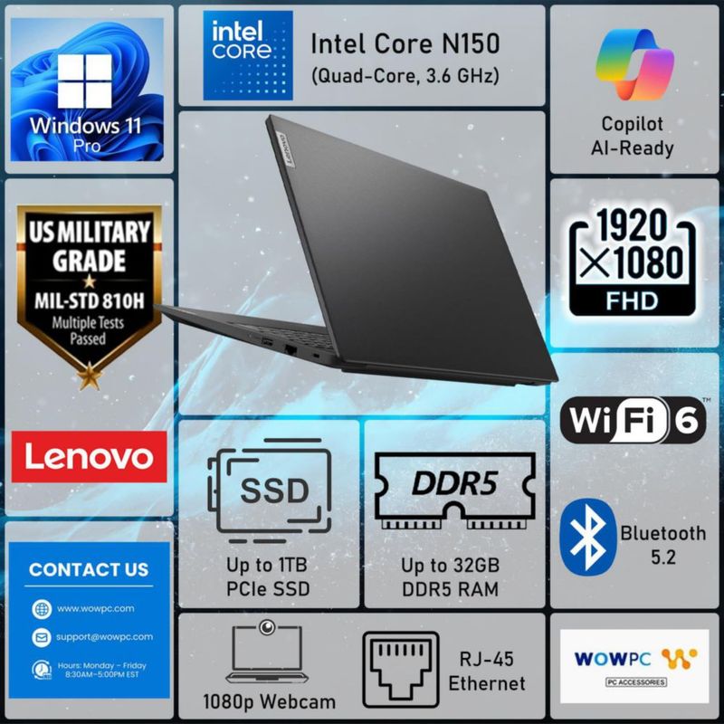 Laptop Lenovo V15 Intel N150 8GB DDR5 256GB SSD 156" FHD