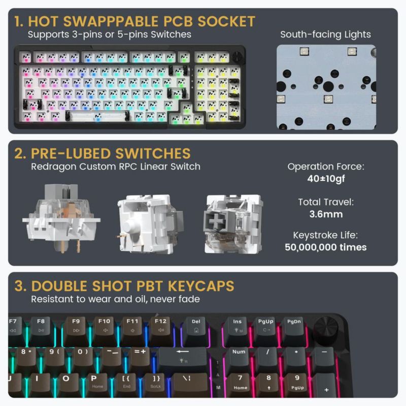 Teclado mecánico inalámbrico Redragon K742 RGB con switches marrones