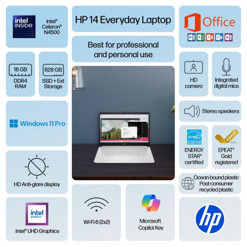Laptop HP 14" Intel N4500 16 GB RAM 628 GB Win11 Pro