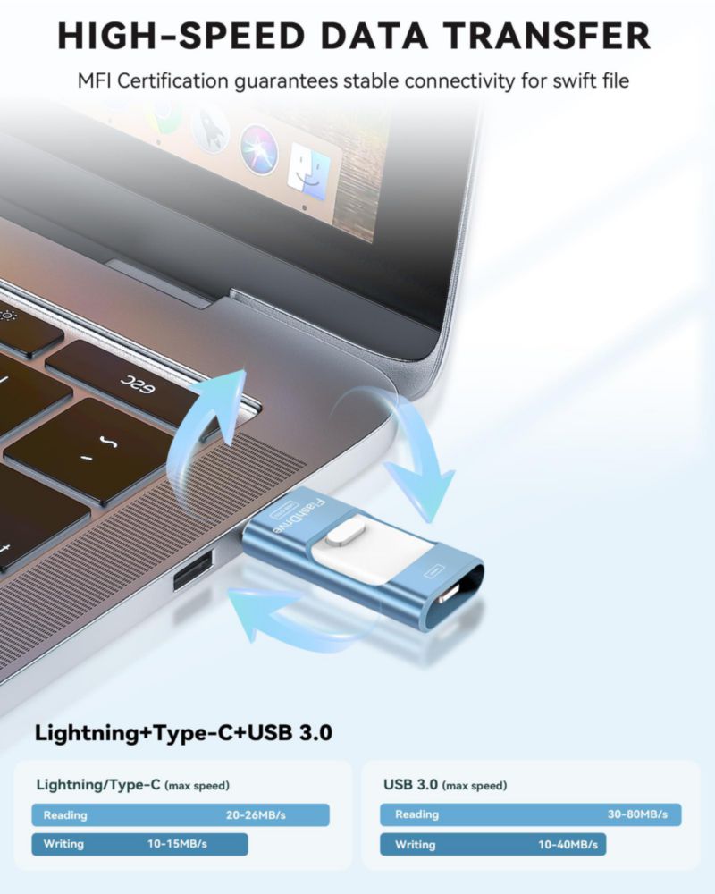 Memoria USB ROSPE de 512 GB certificada MFi con interfaz múltiple