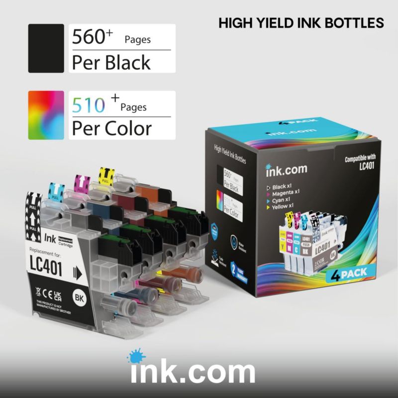 Paquete de 4 cartuchos de tinta LC401XL de Ink.com para impresoras Brother