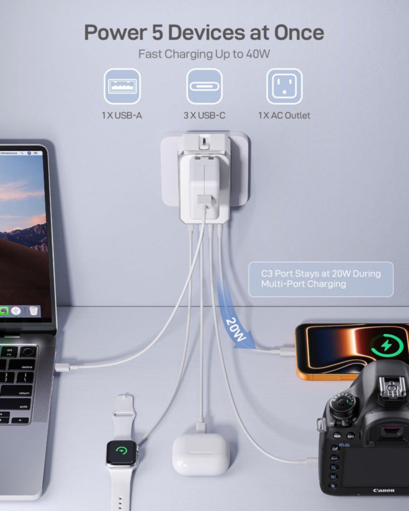 Adaptador de viaje EPICKA Air 40W con carga rápida PD 1 toma AC y 4 puertos USB