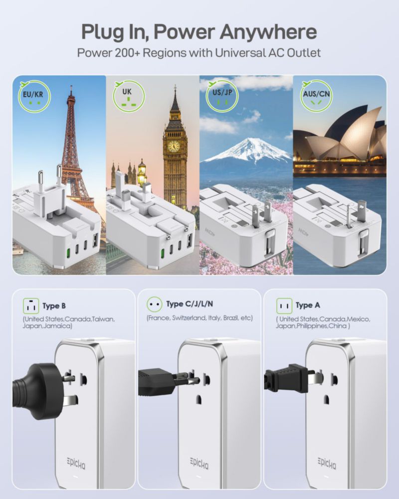Adaptador de viaje EPICKA Air 40W con carga rápida PD 1 toma AC y 4 puertos USB