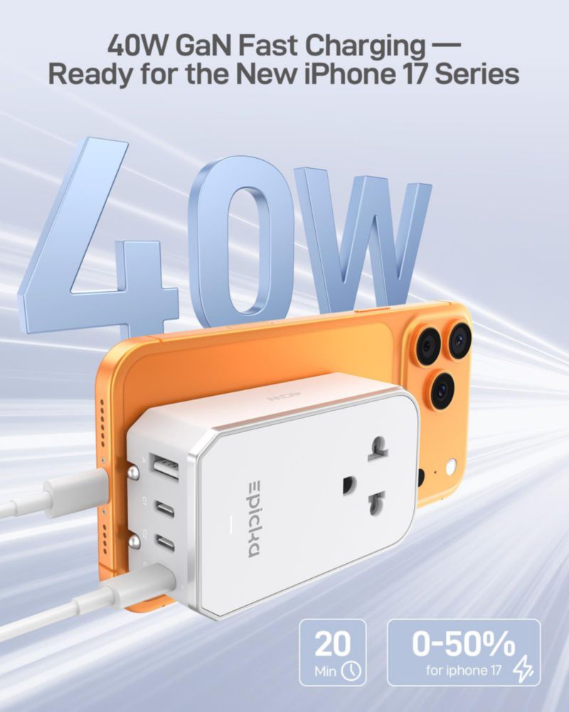 Adaptador de viaje EPICKA Air 40W con carga rápida PD 1 toma AC y 4 puertos USB