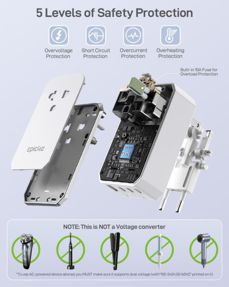 Adaptador de viaje EPICKA Air 40W con carga rápida PD 1 toma AC y 4 puertos USB