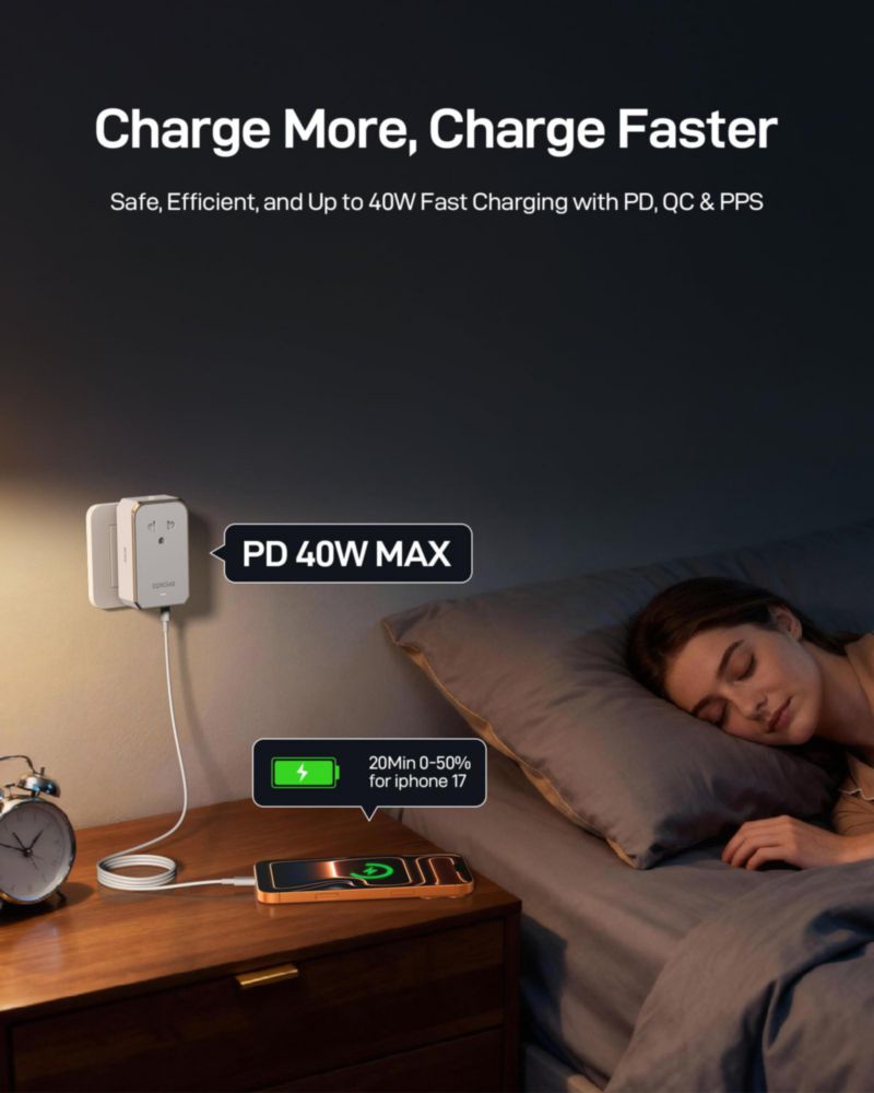 Adaptador de viaje EPICKA Air 40W con carga rápida PD 1 toma AC y 4 puertos USB