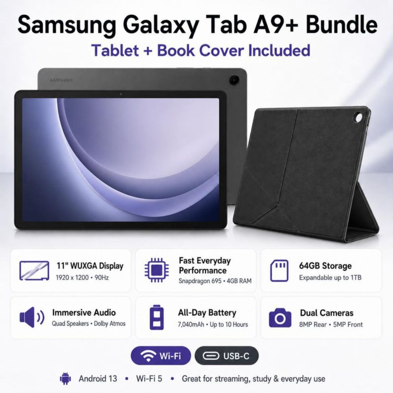 Tablet Samsung Galaxy Tab A9+ 11" 64GB Wi‑Fi con funda tipo libro