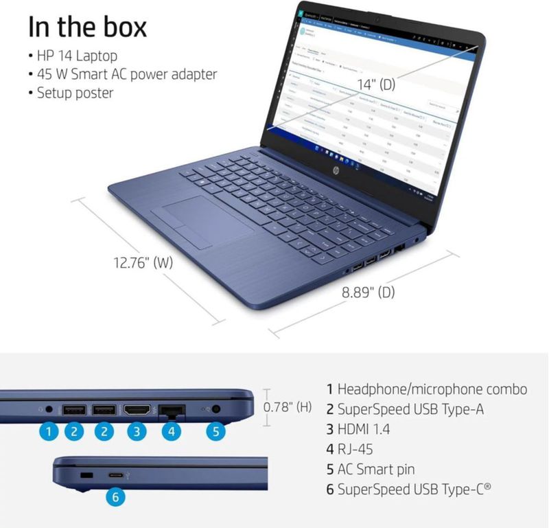 Laptop HP Stream 14" HD Intel Celeron 16GB 564GB Azul Real