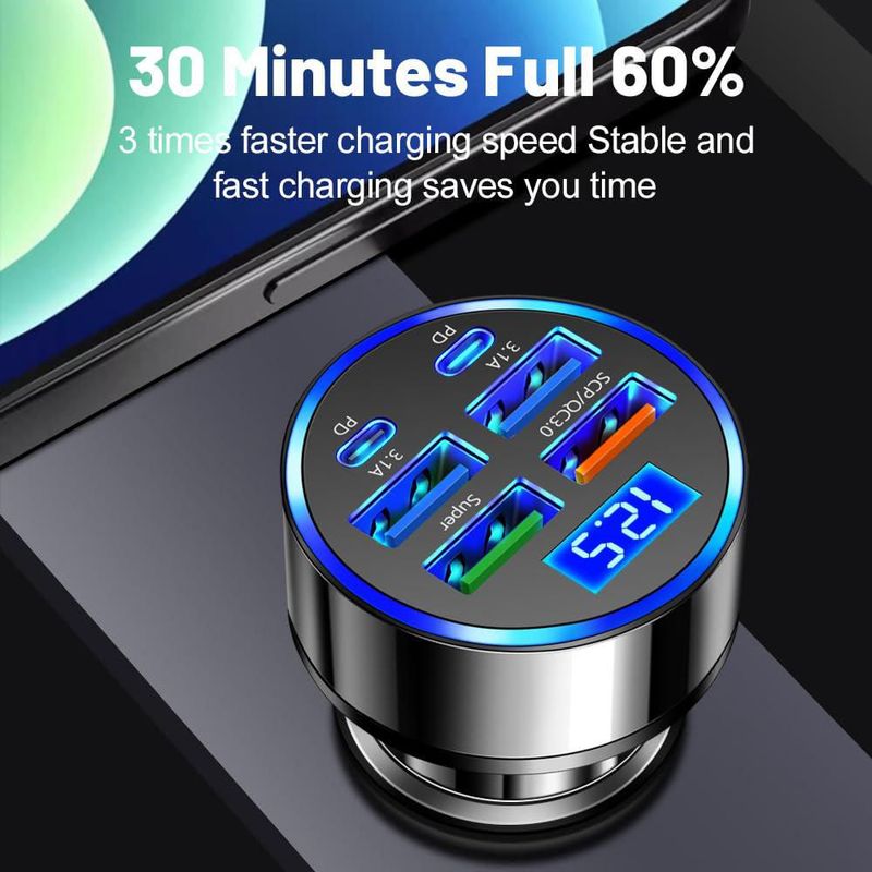 Cargador para auto Alanph de 120 W 6 puertos USB-C voltímetro