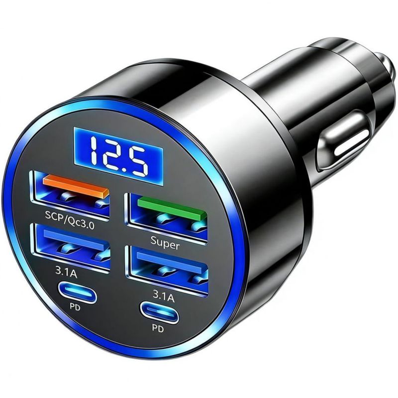 Cargador para auto Alanph de 120 W 6 puertos USB-C voltímetro