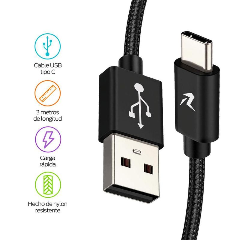Cable USB C Extra Largo de Nylon Ultra Resistente 3 Metros