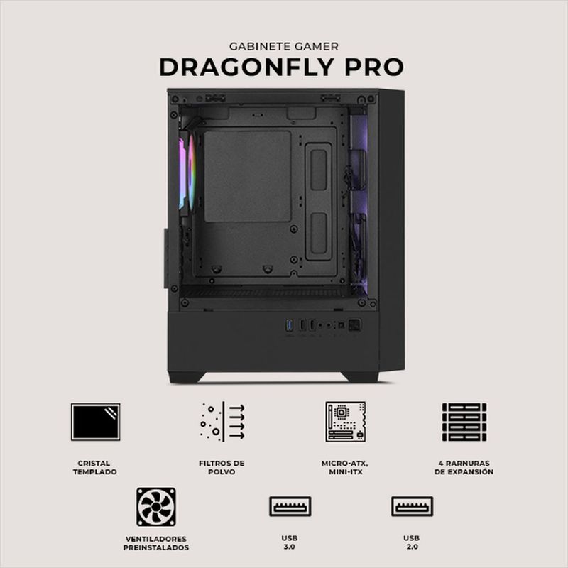 Gabinete xtreme pc dragonfly pro mini torre 4 fan argb negro