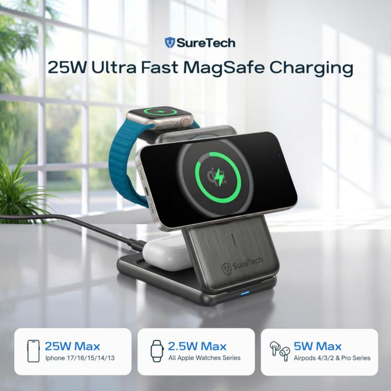 Cargador Inalámbrico SureTech Qi2.2 3 en 1 Plegable 65W