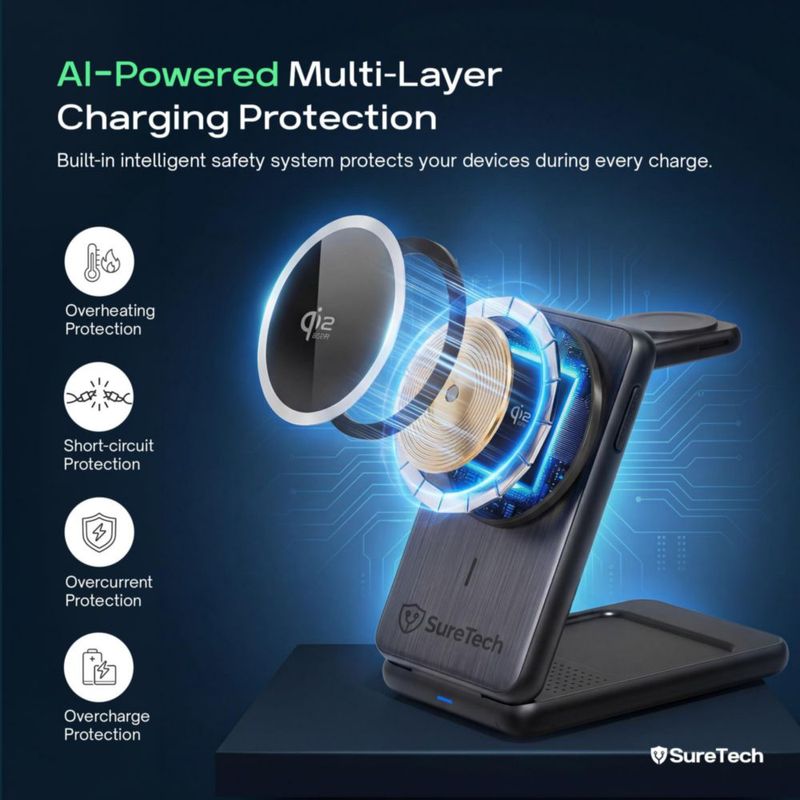 Cargador Inalámbrico SureTech Qi2.2 3 en 1 Plegable 65W