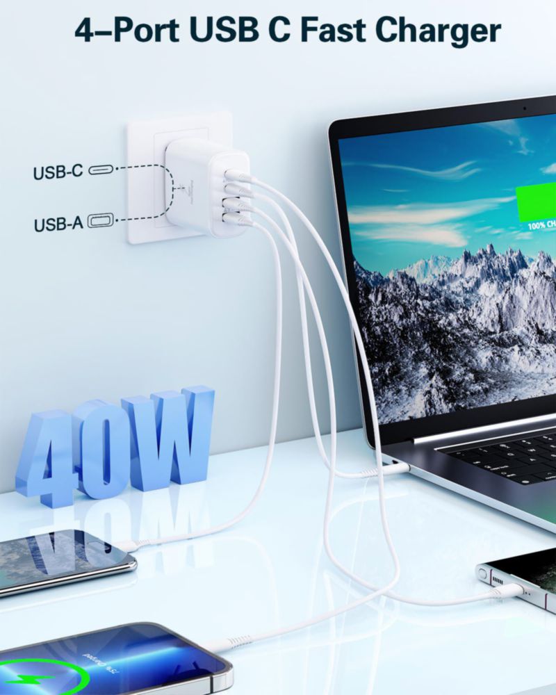 Cargador de pared USB C BECHAGE 40 W 4 puertos carga rápida paquete de 2