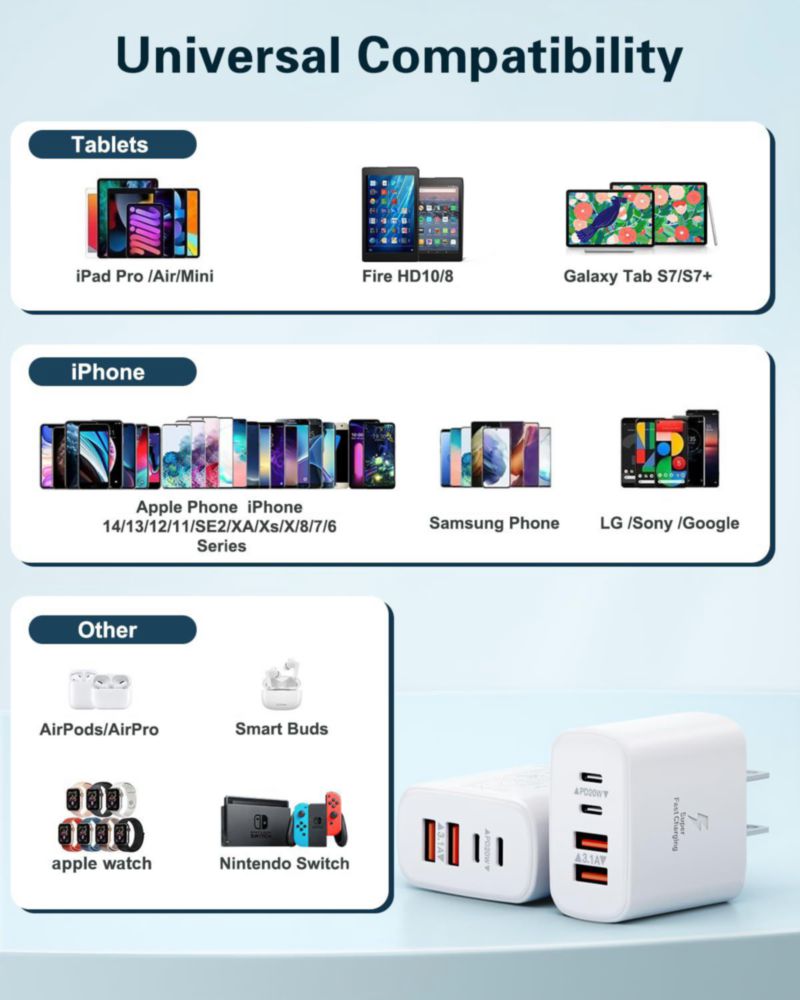 Cargador de pared USB C BECHAGE 40 W 4 puertos carga rápida paquete de 2