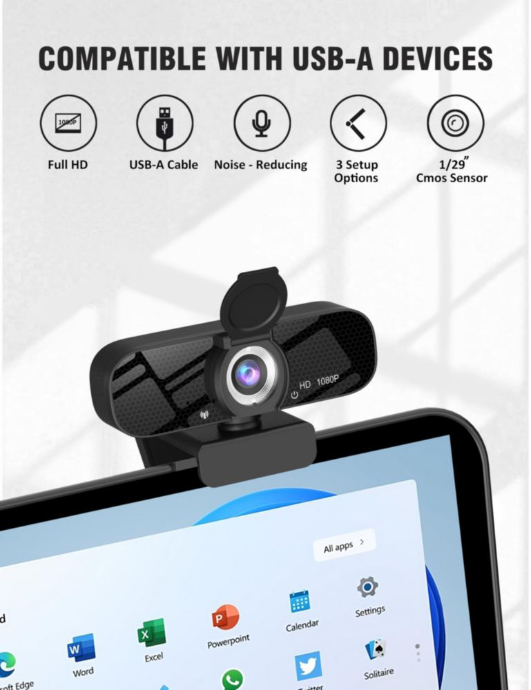 Cámara web Tewiky Full HD 1080P con micrófono y trípode