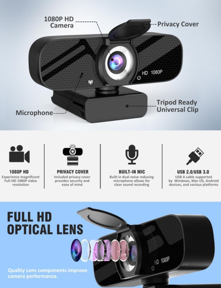 Cámara web Tewiky Full HD 1080P con micrófono y trípode