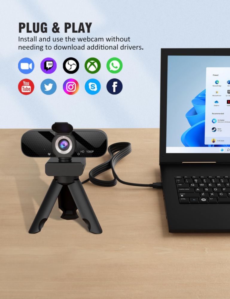 Cámara web Tewiky Full HD 1080P con micrófono y trípode