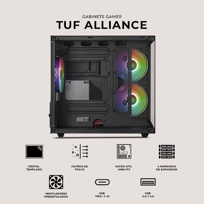 Gabinete xtreme pc tuf alliance mini torre 3 fan argb negro