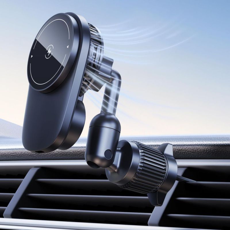 Soporte para Celular de Auto DICMKY con Ventilador de Enfriamiento Inalámbrico 15W y Luz Ambiental RGB