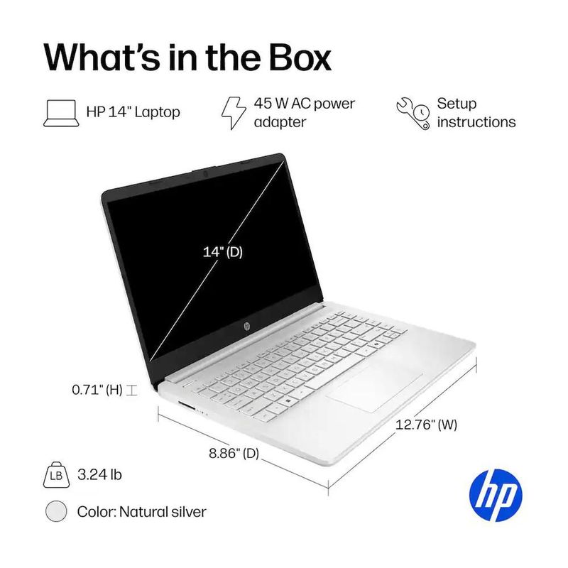 HP Laptop 14" HD Intel N150 4GB RAM 128GB UFS Natural Silver