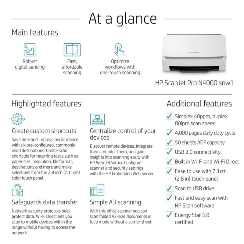 Escáner HP ScanJet Pro N4000 snw1 Dúplex ADF 50 hojas
