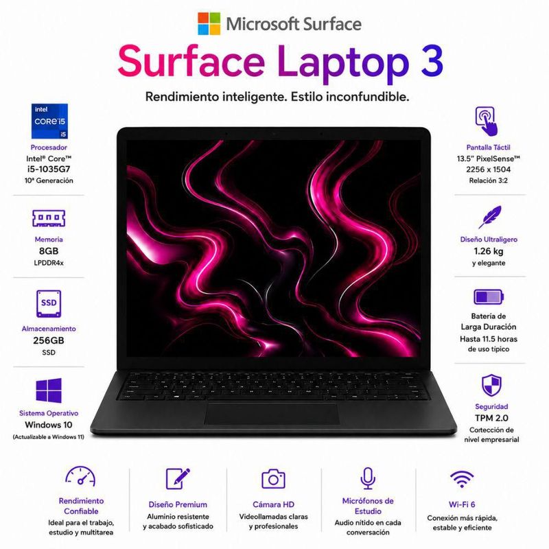 Laptop Microsoft Surface 3 13,5" táctil, Intel Core i5, 8 GB de RAM, SSD de 256 GB, negro, Reacondicionado