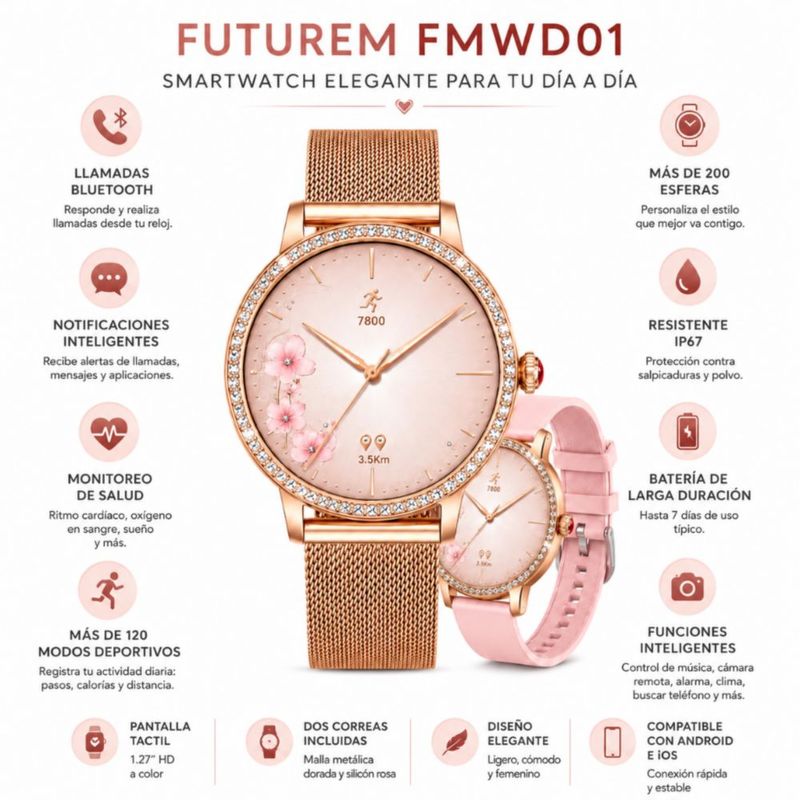 Smartwatch Futurem DW01 Dorado + Audífonos Redmi Buds 6 Play Rosa + Bocina SANAG X6S Rosa