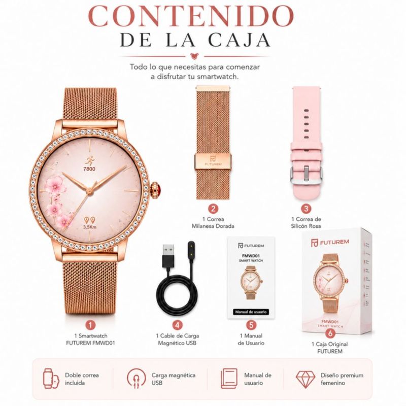 Smartwatch Futurem DW01 Dorado + Audífonos Redmi Buds 6 Play Rosa + Bocina SANAG X6S Rosa