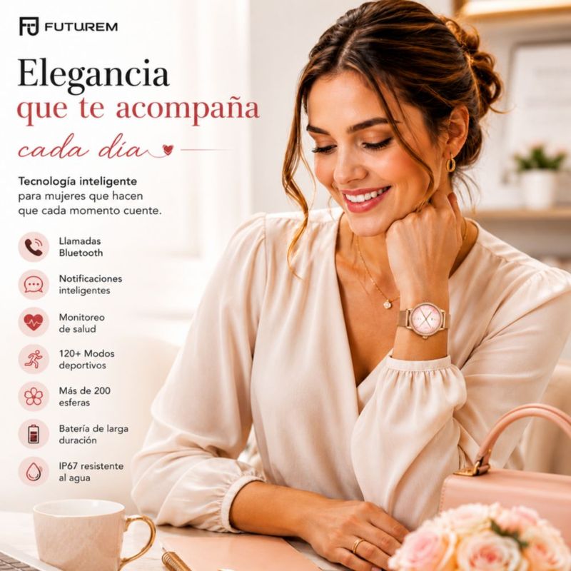 Smartwatch Futurem DW01 Dorado + Audífonos Redmi Buds 6 Play Rosa + Bocina SANAG X6S Rosa