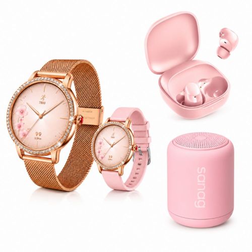 Smartwatch Futurem DW01 Dorado + Audífonos Redmi Buds 6 Play Rosa + Bocina SANAG X6S Rosa