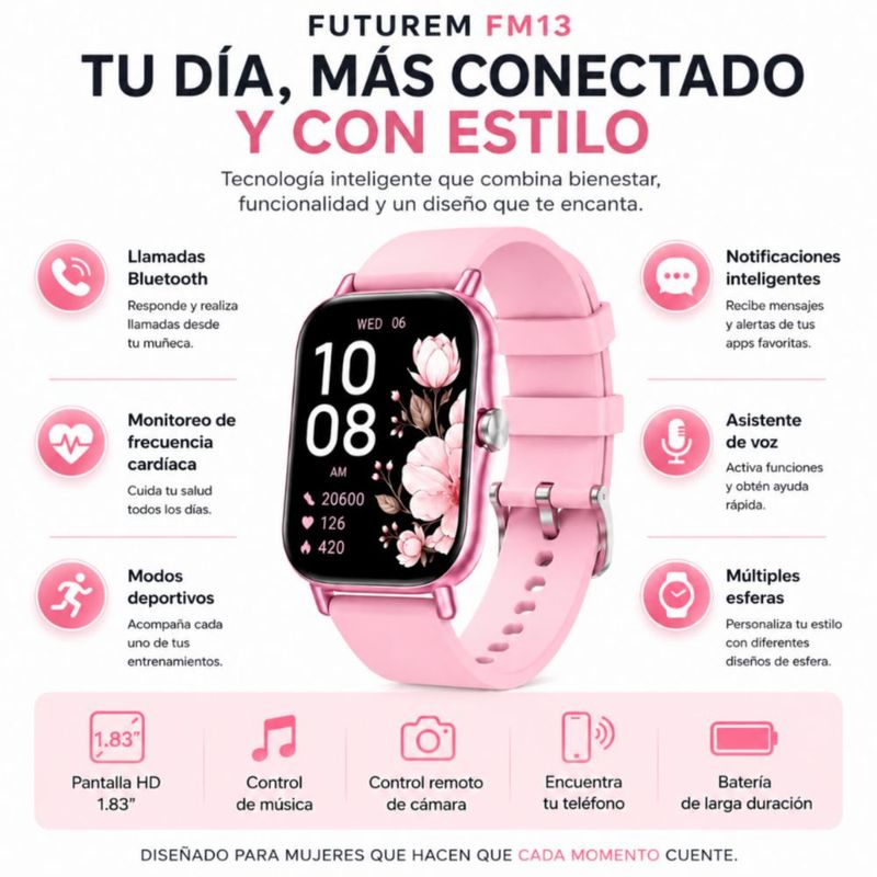 SMARTWATCH FM13 ROSA+ AUDIFONOS REDMI BUDS 6 PLAY ROSA + BOCINA SANAG X6S ROSA