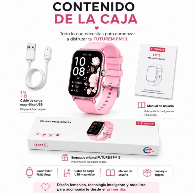 SMARTWATCH FM13 ROSA+ AUDIFONOS REDMI BUDS 6 PLAY ROSA + BOCINA SANAG X6S ROSA