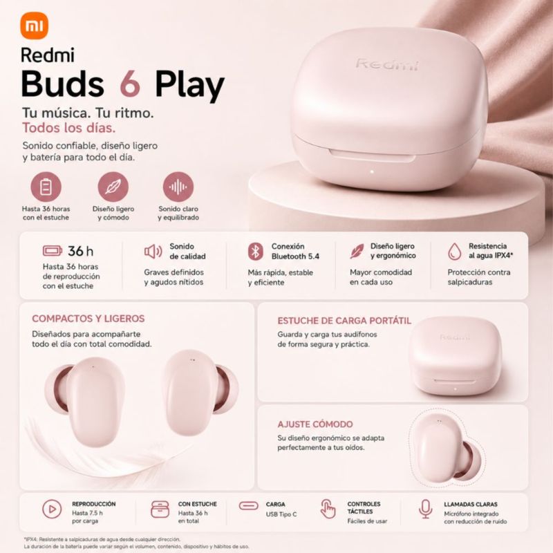 SMARTWATCH FM13 ROSA+ AUDIFONOS REDMI BUDS 6 PLAY ROSA + BOCINA SANAG X6S ROSA