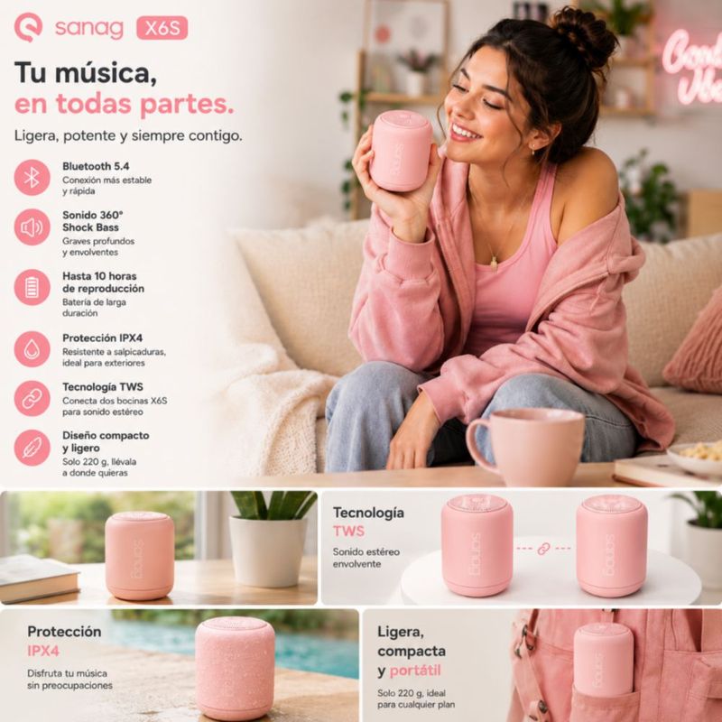 SMARTWATCH FM13 ROSA+ AUDIFONOS REDMI BUDS 6 PLAY ROSA + BOCINA SANAG X6S ROSA