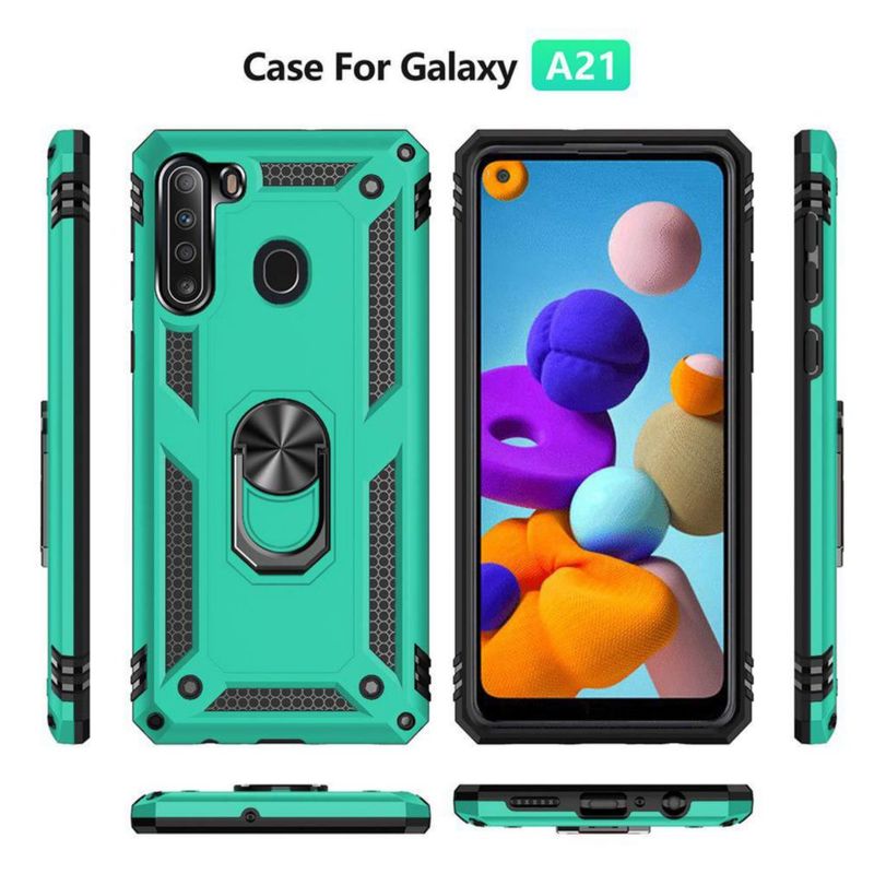 Funda YZOK para Samsung Galaxy A21 en color verde azulado con soporte giratorio y protector de pantalla HD